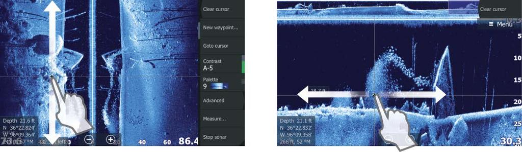 Het StructureScan-beeld instellen Gebruik het StructureScan-menu om het beeld in te stellen. Als de cursor actief is, worden sommige opties in het menu vervangen door functies in de cursormodus.