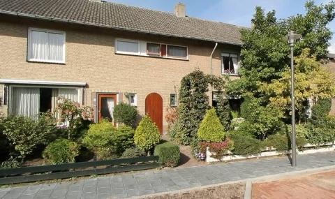 Tussen de woningen, bij de bruine poort, bevindt zich een gemeenschappelijke doorgang naar de achtertuinen.