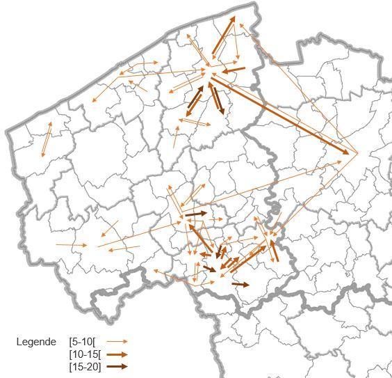 17 / 36 Qua provinciegrensoverschrijdende dynamiek, is het duidelijk dat deze het sterkst is met Gent, waarbij vestigingen voornamelijk verhuizen tussen Gent en andere West-Vlaamse steden zoals