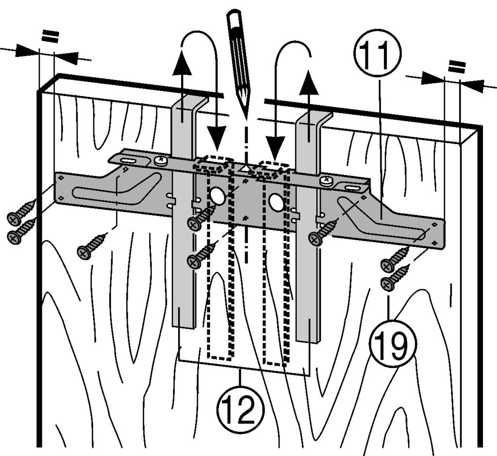 Inbouw Fig. 15 u Bevestigingsdwarsstrip Fig. 15 (11) met de montagehulpstukken Fig. 15 (12) aan de binnenkant van de kastdeur hangen. u Bevestigingsdwarsstrip Fig. 15 (11) centrisch uitlijnen: korte middenlijn op de kastdeur aangeven en daar overheen pijlpunt van de dwarsstrip aanbrengen.