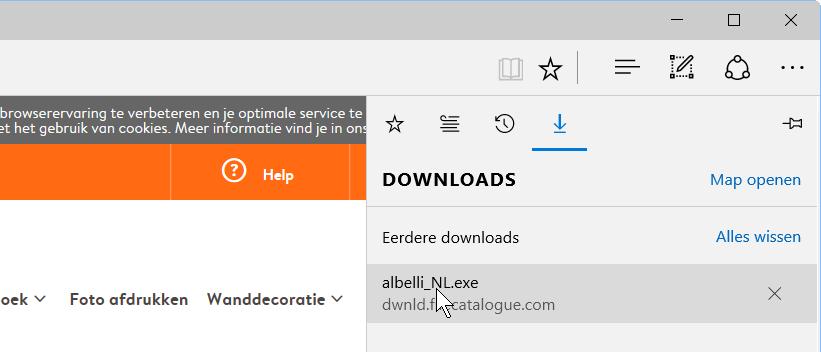 De installatie van het programma Albelli Fotoboeken wordt uitgelegd aan de hand van Edge, de standaardinternetbrowser van Windows 10. U kunt ook een andere browser gebruiken, zoals Internet Explorer.