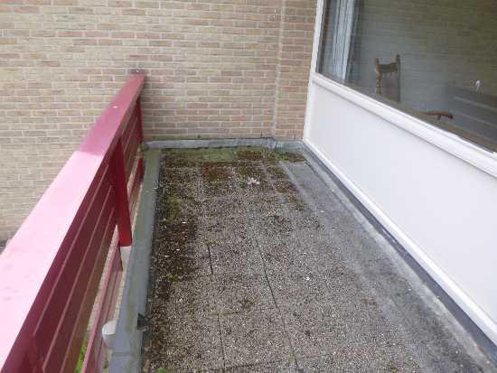 Balkon Vervuild. Door vervuiling en slechte afwatering kan de balkonvloer glad worden. Advies om het balkon regelmatig te reinigen.