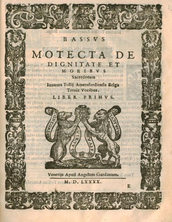 Afbeelding 25. Titelpagina Motecta de dignitate et moribus Sacerdotum (Gardano 1590). (uniek exemplaar Nationale bibliotheek van Litouwen, Vilnius). motetten.