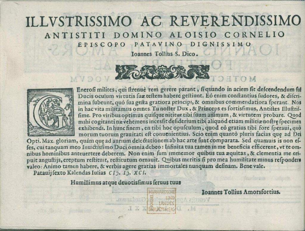 Afbeelding 14. Opdrachtpagina Motectorum quinque vocum liber secundus (Gardano 1591).