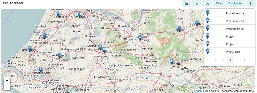 7.8 Projectkaart (Geo) De Projectkaart (Geo) widget is alleen beschikbaar voor programma's en mappen. Het toont projecten op een kaart gebaseerd op hun GPS locatie.