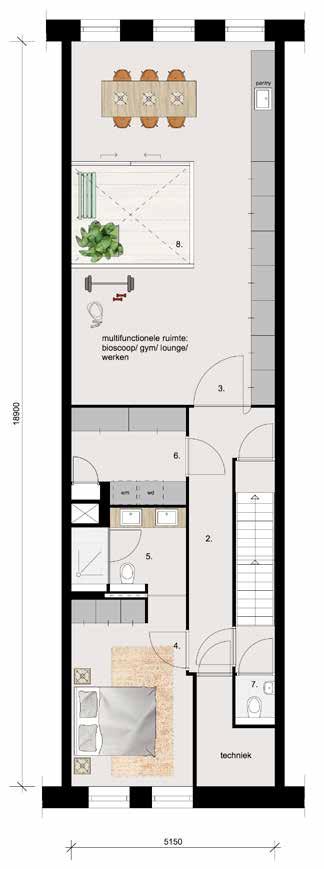 Ruimte 4 Masterbedroom/Logeerkamer 5 Badkamer 1 6 Berging 7 Toilet 8