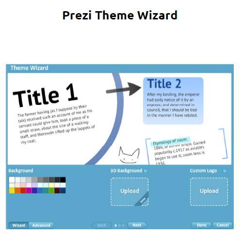 5 Theme (huisstijl implementeren) De knop Themes gebruik je om je Prezi presentatie af te stemmen op jouw huisstijl. Kies een standaard Theme en pas die aan of klik direct op Customize Current Theme.