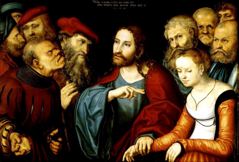 Overweging Lucas Cranach de Oude 1472 1553 Jezus en de overspelige vrouw olieverf op paneel (82 121 cm) 1532 Museum voor Schone Kunsten, Boedapest Vandaag heb ik het met u over wat in de rabbijnse