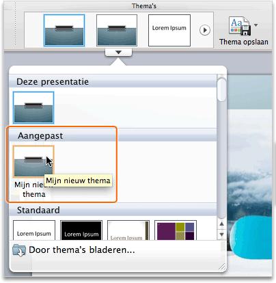 Het thema staat onder Aangepast. Aanwijzingen Alle Office-themabestanden hebben de extensie.thmx.