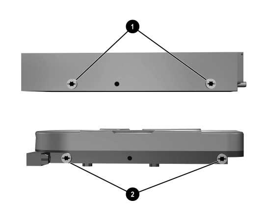 Hardware-upgrades Locatie van de geleideschroeven De geleideschroeven op een 3,5-inch diskettedrive 1 staan dichter op elkaar dan bij een vaste schijf 2.
