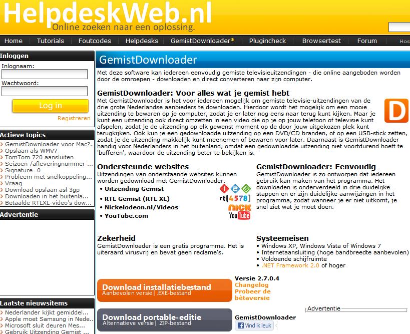 Downloaden en installeren Je vindt GemistDownloader o.a. op http://www.