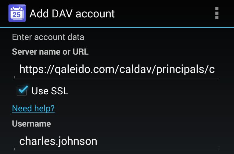 In het Add DAV account venster, stelt u het account als volgt in en drukt u op de Next knop: Server name or URL : https://<server>/caldav/principals/<qaleido username> Use SSL :