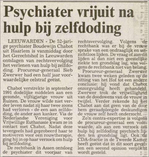 Krantenartikelen over het eerste vonnis en het Hoger Beroep dat tegen de vrijspraak van psychiater Boudewijn Chabot werd ingesteld.