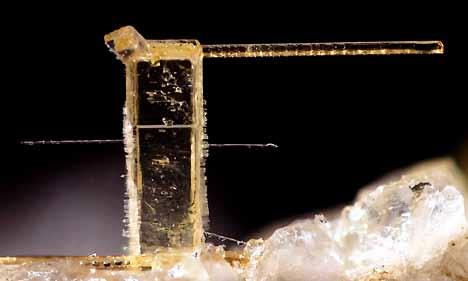 Plaatvormige wöhlerietkristallen, die epitaktisch op een