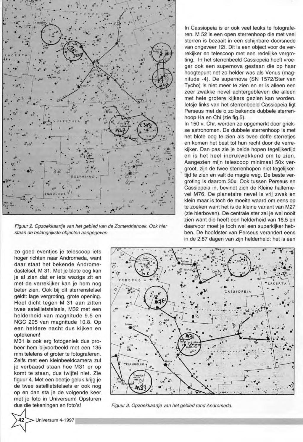 Figuur 2. Opzoekkaartje van het gebied van de Zomerdriehoek. Ook hier staan de belangrijkste objecten aangegeven. In C assiopeia is er ook veel leuks te fotograferen.