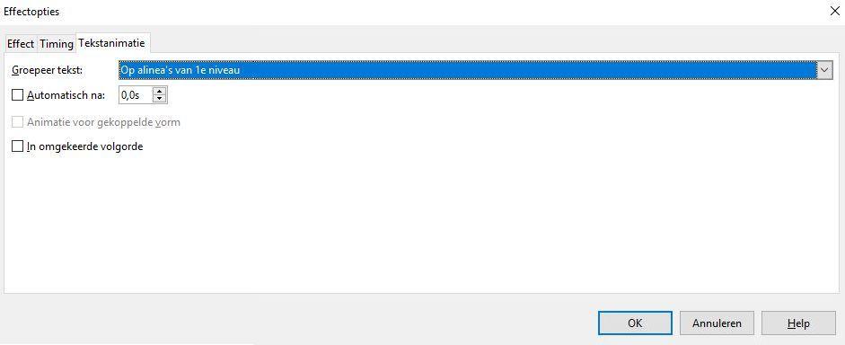 Afbeelding 11: Dialoogvenster Effectopties - tabblad Tekstanimatie (verkleind) Opties tabblad Tekstanimatie Specificeert de instellingen van de tekstanimatie voor het huidige effect (Afbeelding 11).