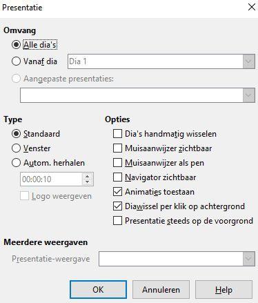 Een diavoorstelling maken LibreOffice Impress geeft u de hulpmiddelen om een diavoorstelling te organiseren en weer te geven. Welke dia worden getoond en in welke volgorde.