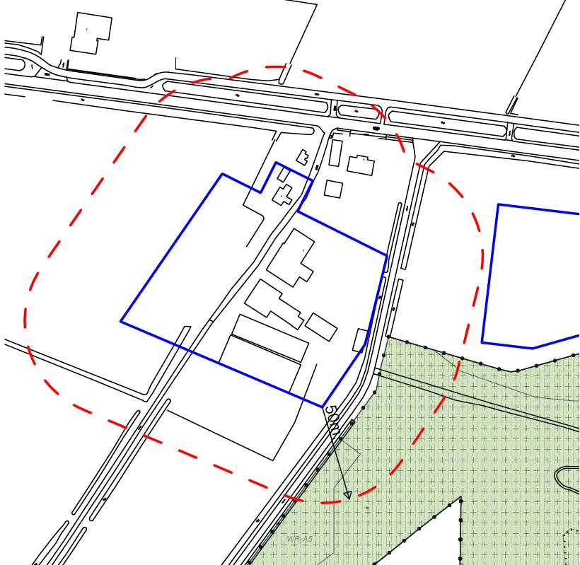 Richtafstand 50 m (rode stippellijn) uitgezet op basis van het bouwvlak (blauwe vlak) op grond van het bestemmingsplan Buitengebied, integrale herziening, met als ondergrond de verbeelding van het