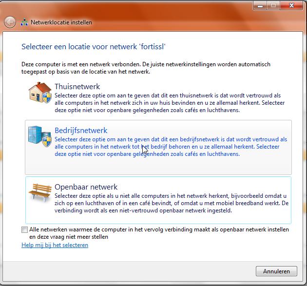 7.6 Netwerklocatie instellen Als je met de VPN Tunnel software werkt, en je hebt (voor het eerst) met de knop 'Connect' verbinding gemaakt, dan zal Windows de VPN Tunnel als een nieuw netwerk