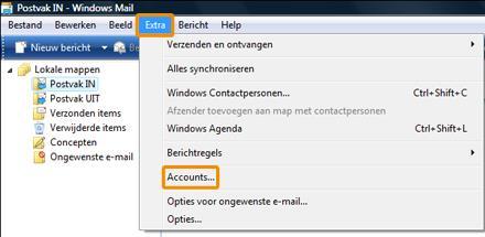 Windows Mail 1. Ga naar Extra en klik op Accounts. 2. Klik op Toevoegen om een nieuw e-mailaccount in te stellen. 3.
