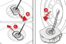 Praktische informatie F Zet het wiel rechtop. F Haal het verbindingsstuk door de naaf van het wiel (A).