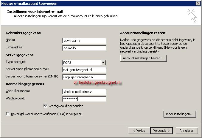 In het nu getoonde scherm, figuur 5, kunt u het e-mailaccount aanmaken. De velden dienen als volgt ingevuld te worden: Gebruikersgegevens Naam Uw eigennaam, of die van bijvoorbeeld de praktijk.
