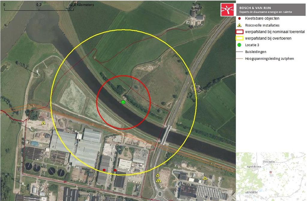 Hoogspanningsleiding 110 kv -150 kv Locatie 3 Figuur 15 Maximale werpafstand bij nominaal toerental van de windturbines en