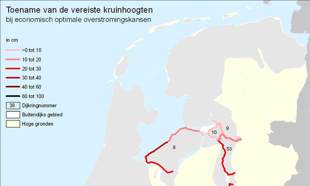 Figuur 7.2 Benodigde verhogingen van de kruin die nodig zouden zijn wanneer gekozen zou worden voor de economisch optimale overstromingskansen van de basisvariant.