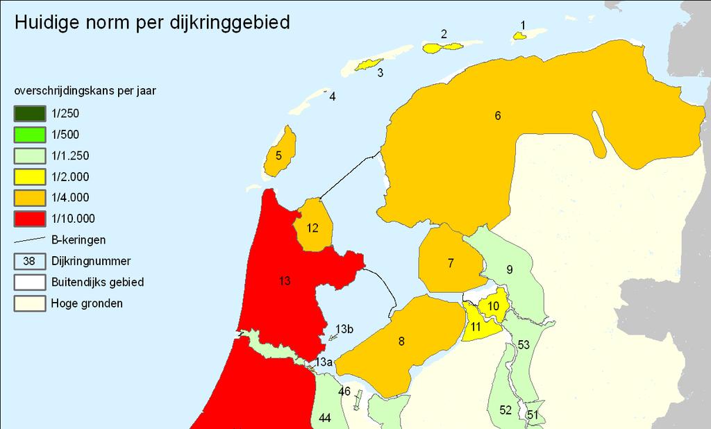 Figuur 1.2 Dijkringen in Nederland en de huidige beschermingsnormen.