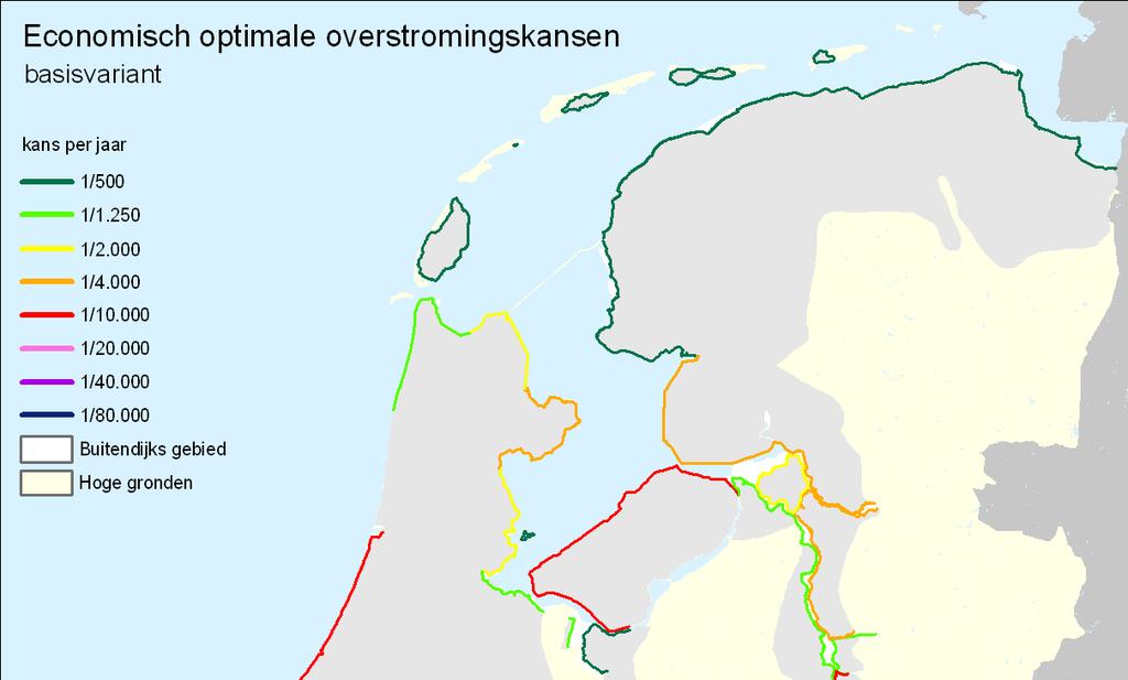 Figuur S1 Economisch optimale overstromingskansen per dijkringdeel, basisvariant Langs de IJssel zijn de economisch optimale overstromingskansen in beide referenties over het algemeen groter dan die