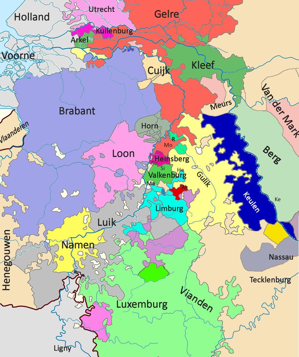 Kaart van de regio met alle betrokkenen van de Limburgse Successieoorlog.