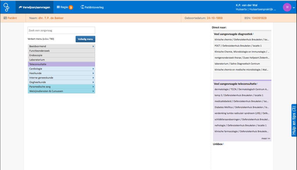 B A Je hebt ZorgDomein opgestart met patiëntinformatie vanuit je informatiesysteem en ziet het startscherm. A. Aan de rechterkant staat een lijst met door jou Veel aangevraagde diagnostiek.