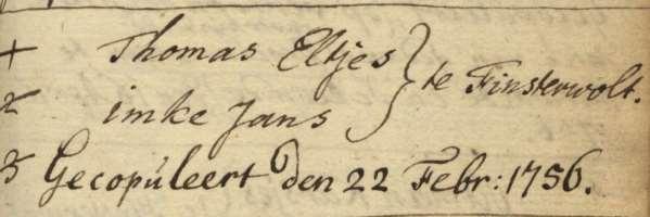 Thomas is getrouwd te Finsterwolde op zondag 22 februari 1756 voor de kerk, op ongeveer 31-jarige leeftijd met 355 Imke Jans Wegman (26 jaar oud), Daglonersche, gedoopt te Finsterwolde op zondag 30
