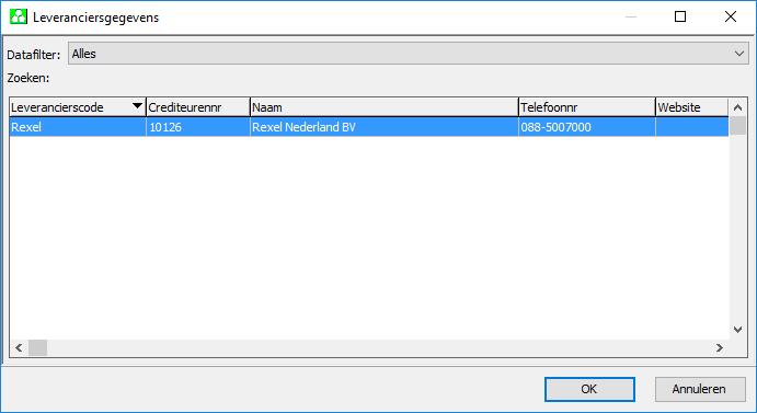 Het overzicht met de leveranciers wordt geopend en hierin kiest u voor