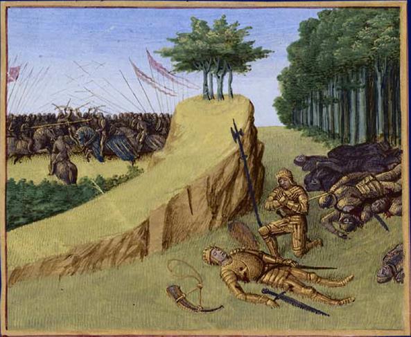 Afbeelding die de dood van Roeland voorstelt. De gebeurtenis moet een verpletterende indruk hebben gemaakt op de koning en de legerleiding.