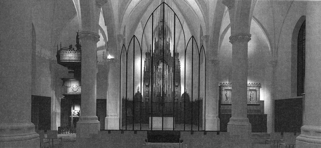 Figuur 36: Sint-Jacobuskerk Kemzeke. Simulatie van hoofdaltaar afgeschermd met een doorschijnende wand. Figuur 37: Sint-Jacobuskerk Kemzeke.
