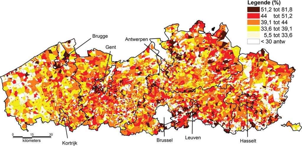Sterk en extreem onderbezette woningen in Vlaanderen op buurtniveau Hier kaart Vanneste Totaal 100% = Totaal aantal woningen in de buurt ( statistische sector) waarvan de variabele