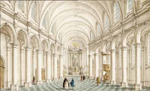Deze ingekleurde pentekening van de 19de-eeuwse Mechelse kunstenaar Jan-Baptist De Noter (1786-1855) geeft ons een idee van het interieur van de predikherenkerk in 1790. samengevoegd tot zalen.