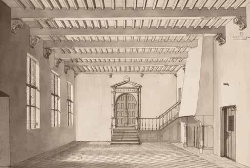 Deze tekening van de Mechelse kunstenaar August Van den Eynde (1822-1861) geeft een beeld van de voormalige audiëntiezaal van Margareta vóór de omvorming tot Rechtbank van Eerste Aanleg.