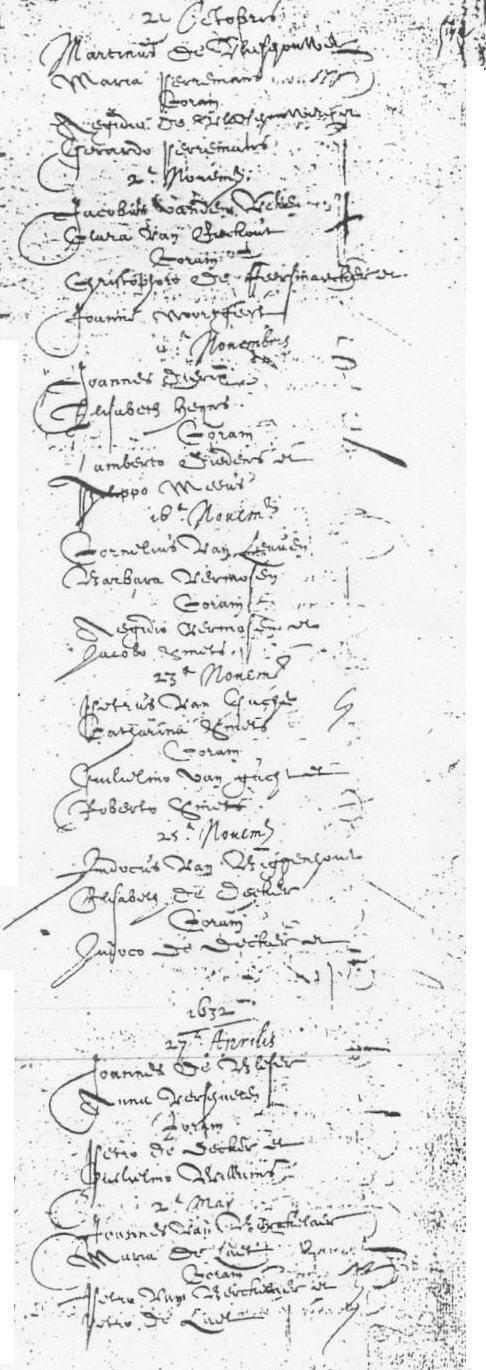 Londerzeel H01_f 532 r - 1631-1632 De Vleeschouwer, Martinus x 21 oktober 1631 Perremans, Maria De Vleeschouwer, Egidius Perremans, Gerardus Van der Veken, Jacobus x 2 november 1631 Van Eeckout,