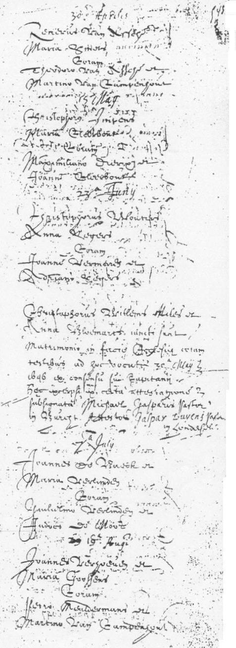 Londerzeel H01_f 543 r - 1646 Van Assche, Renerus x 30 april 1646 Smets, Maria Van Assche, Theodorus Van Campenhout, Martinus Impens, Christophorus x 5 mei 1646 Cleerbout, Maria Dierix, Maximilianus