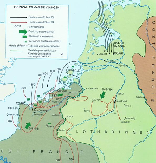 Kaart van de invallen van de Vikingen in onze streken in de periode 810-892. De verkenningstochten van de Vikingen brachten hen tot op de oevers van Canada en via Rusland ook tot in Constantinopel.