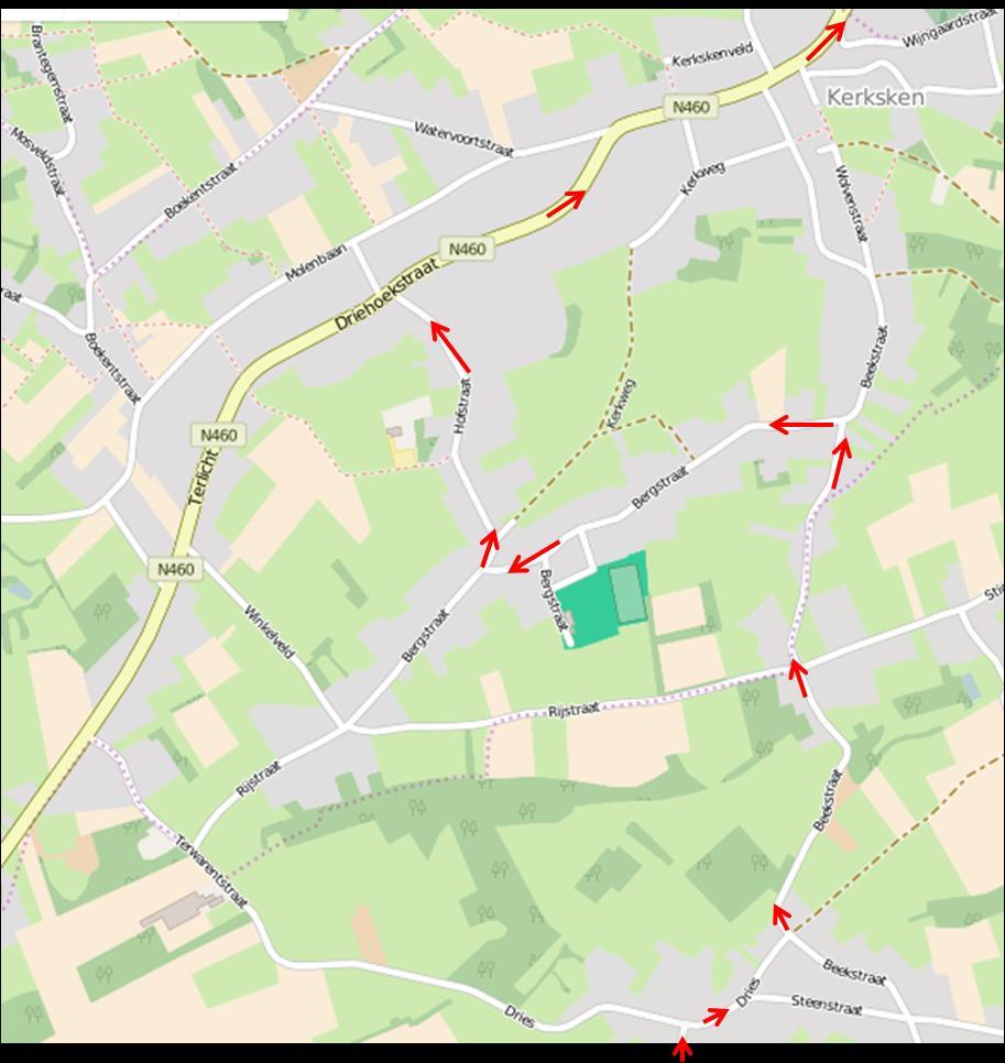 3,000 km links Veldstraat (haakse bocht gevolg door beklimming op kasseiweg 500 m) 3,970 km rechts Dries 4,100 km links Dries terug invoegen van