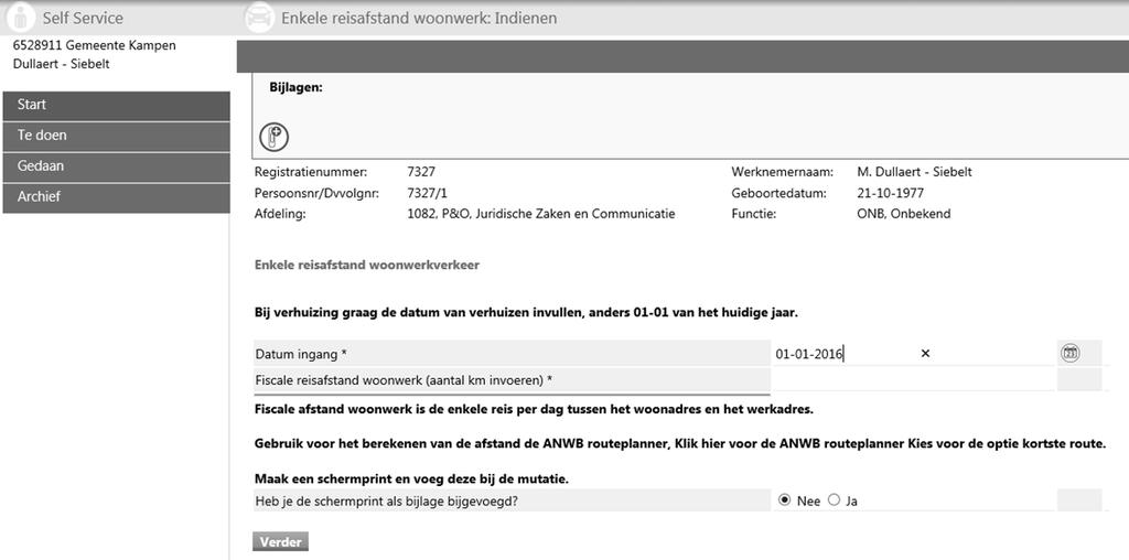 - Vul de enkele reisafstand in. - Via de ANWB routeplanner kun je een print maken van de berekende enkele reisafstand.