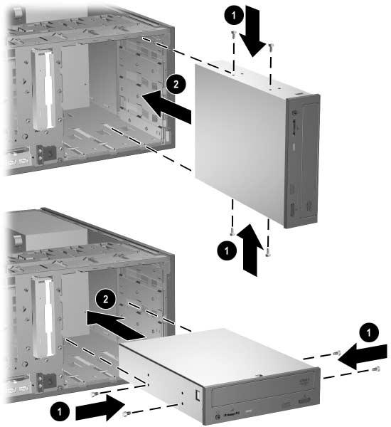 Hardware-upgrades 4. Plaats twee geleideschroeven in de onderste schroefgaten aan weerszijden van de schijfeenheid 1. Voor optische-schijfeenheden en diskettedrives gebruikt u metrische M3-schroeven.