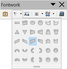 U kunt kiezen uit een palet van vormen. Afbeelding 12: Het palet Vormen van de werkbalk Fontwork Fontwork gelijke letterhoogten: Wijzigt de hoogte van de tekens in het object.