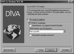 woorden. Raadpleeg de documentatie van uw Windows 95/98 externe toegang of NT server na voor het gebruik hiervan 11 Klik op Volgende. > U komt in het scherm RNA-modem.