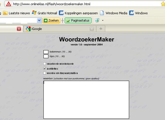 - Ga naar de website http://www.onlineklas.nl/flash/woordzoekermaker.html - Maak een woordzoeker met 30 kolommen en 30 rijen.