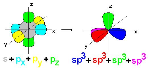 gelijkwaardige sp 3 hybride-orbitalen (gelijkaardige waarschijnlijkheidsverdeling om elektron aan te treffen).
