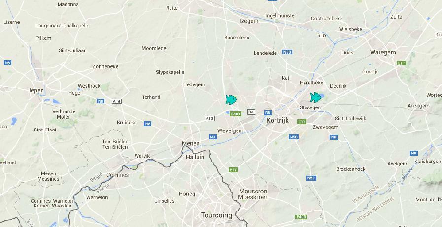 2 Materialen en methode 2.1 Onderzoeksgebied Het onderzoeksgebied omvat twee viswateren in de Provincie West-Vlaanderen (figuur 2.1). De viswateren zijn gelegen nabij Kortrijk.